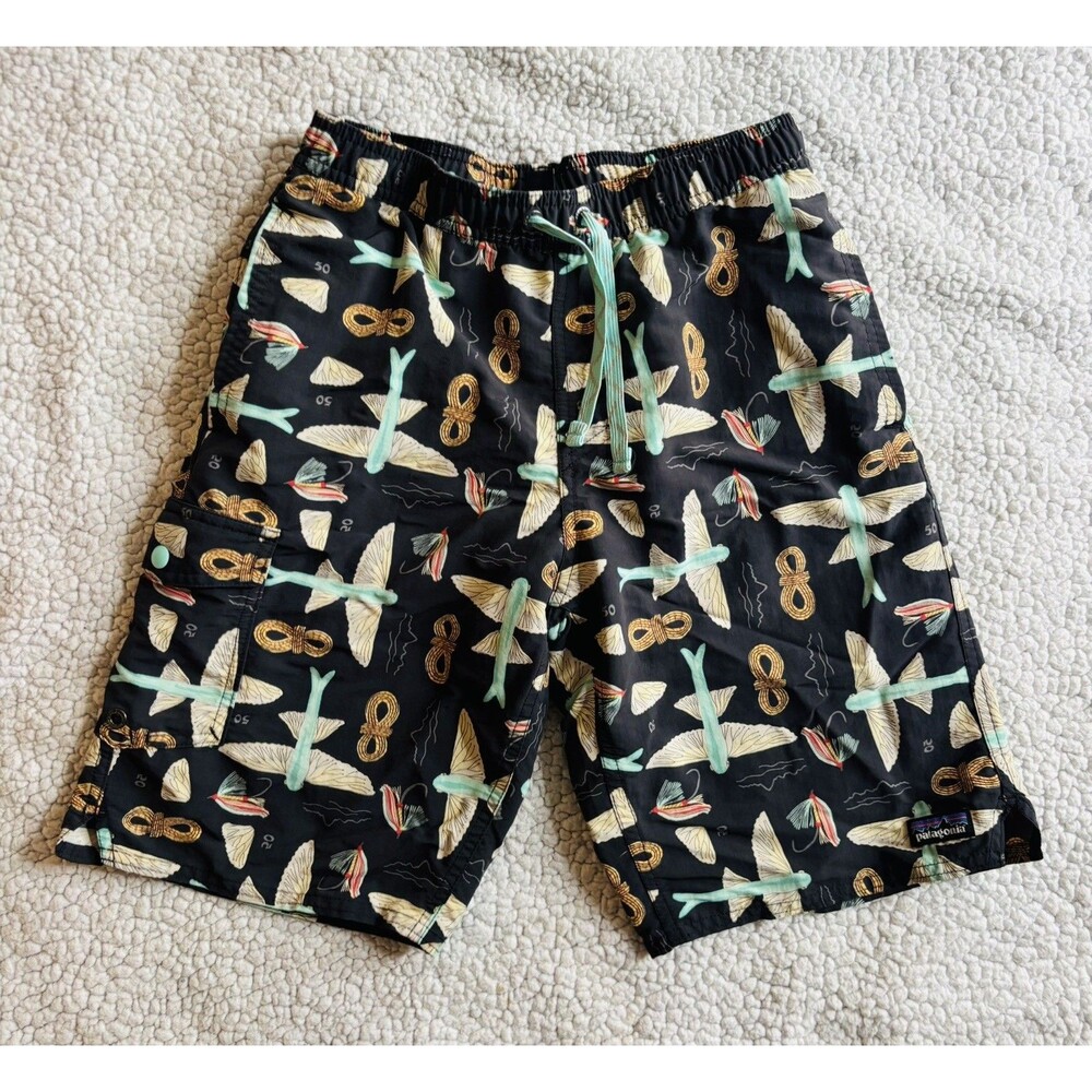 Patagonia Boys XL Baggies Boardshorts 9” Fly Fishing Print Swim Trunks